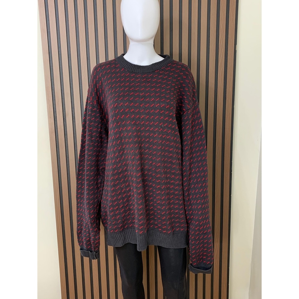 Vintage Mighty-Mac Men's LT Gray Red Geometric Birds Eye Cotton Knit Sweater